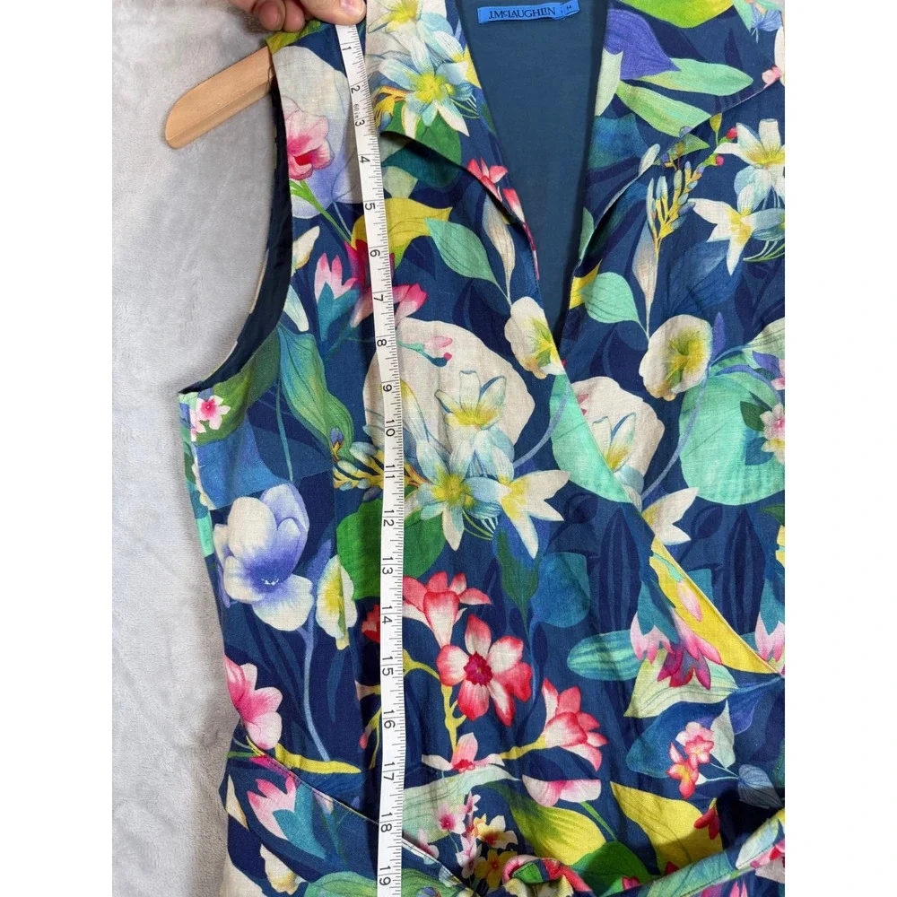 J.McLaughlin Mirimar Maxi Dress M Blue Floral Linen Blend Sleeveless Faux Wrap - Picture 9 of 11